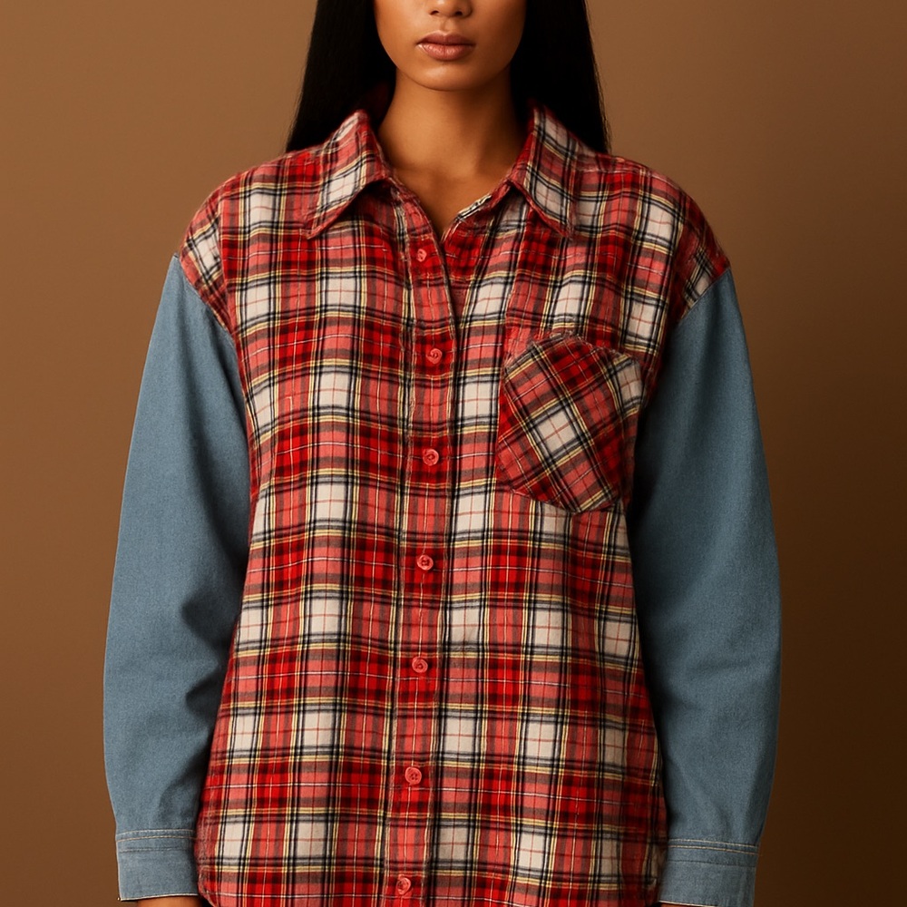 Plaid Button Down Shirt with Denim Sleeves